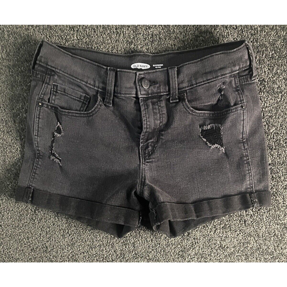 Old Navy Women's Size 6 Boyfriend Mid-Rise Black Stretch Distressed Jean Shorts
